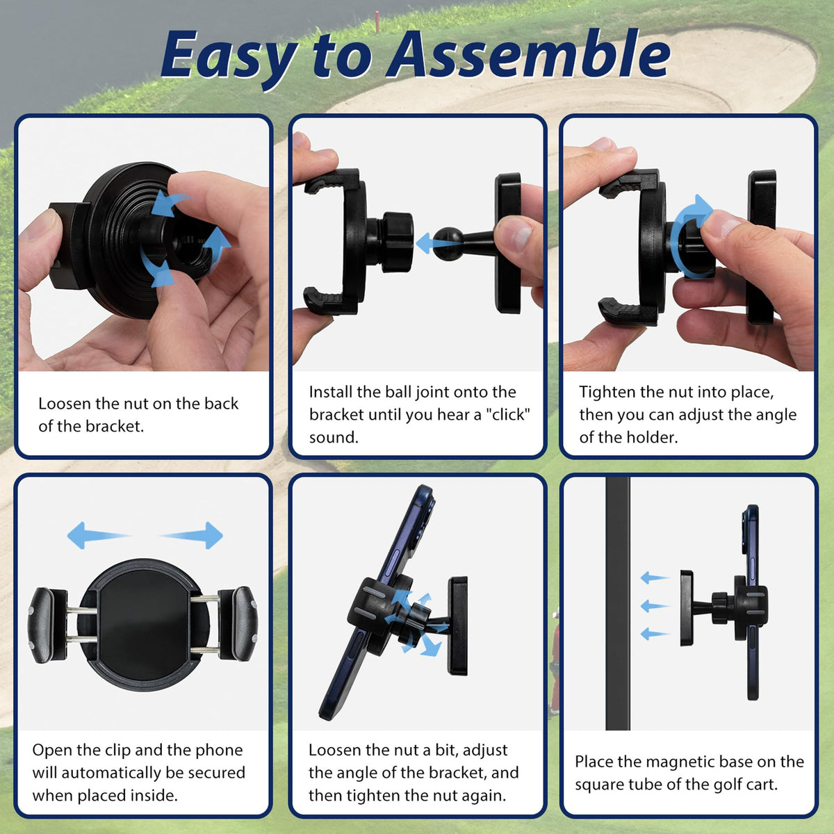 Kelofam golf cart phone holder with magnetic base adds extra hold on metal surfaces.