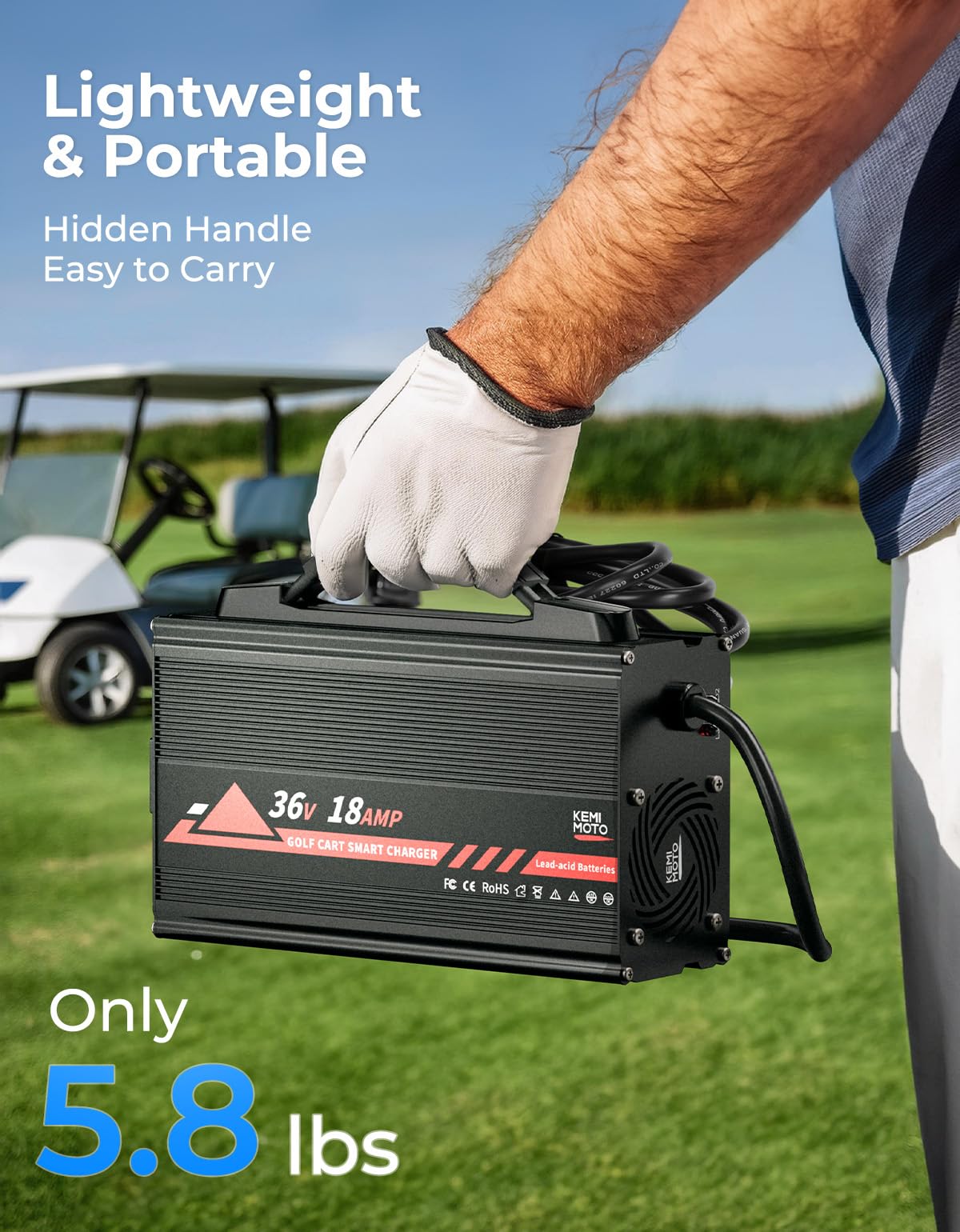 Lightweight KEMIMOTO charger emphasizing portability and simple mounting.