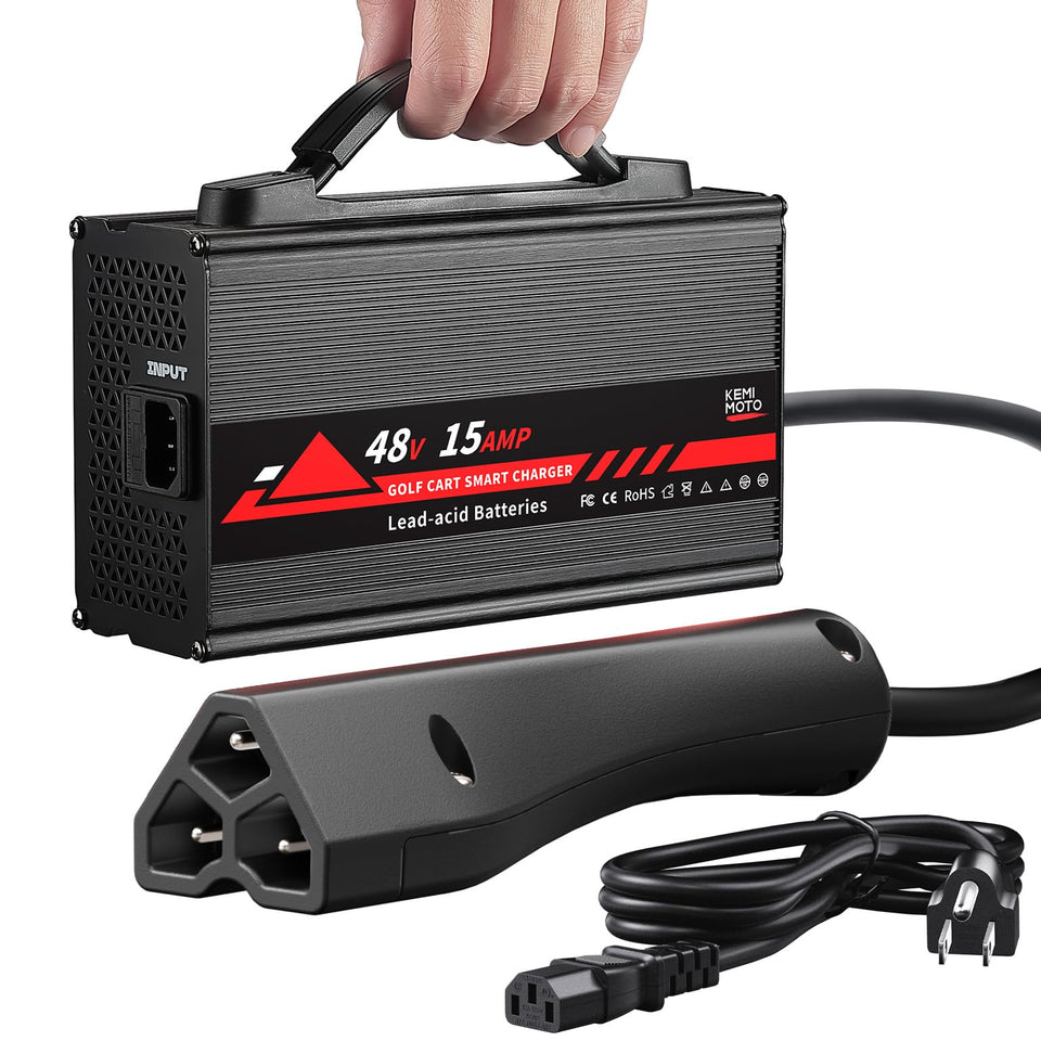 KEMIMOTO 48V golf cart charger for EZGO RXV/TXT with 3-pin plug, reliable charging.