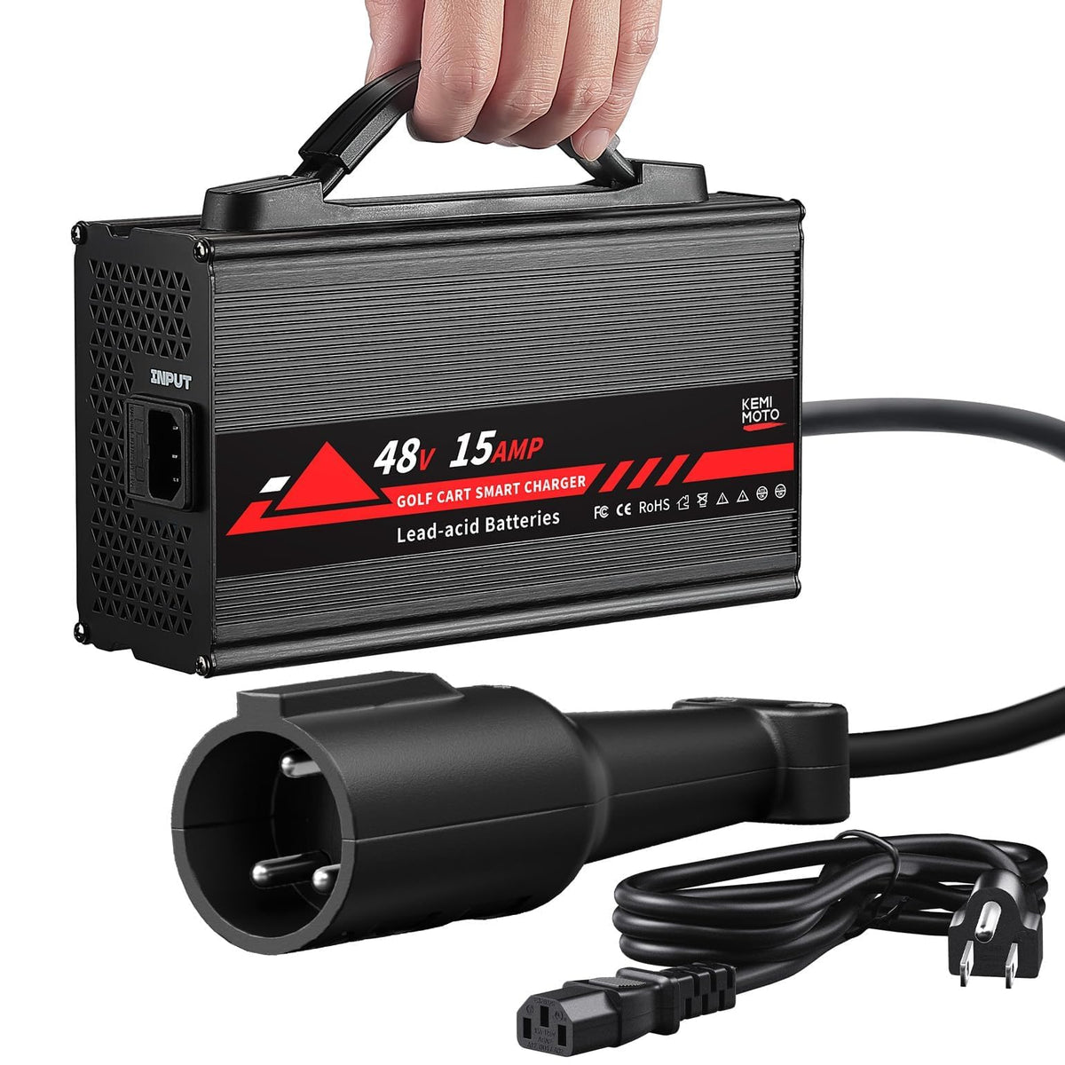 KEMIMOTO 48V golf cart charger front view highlights compact, portable design for on-site charging.