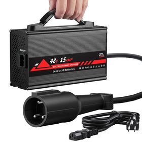 KEMIMOTO 48V golf cart charger front view highlights compact, portable design for on-site charging.