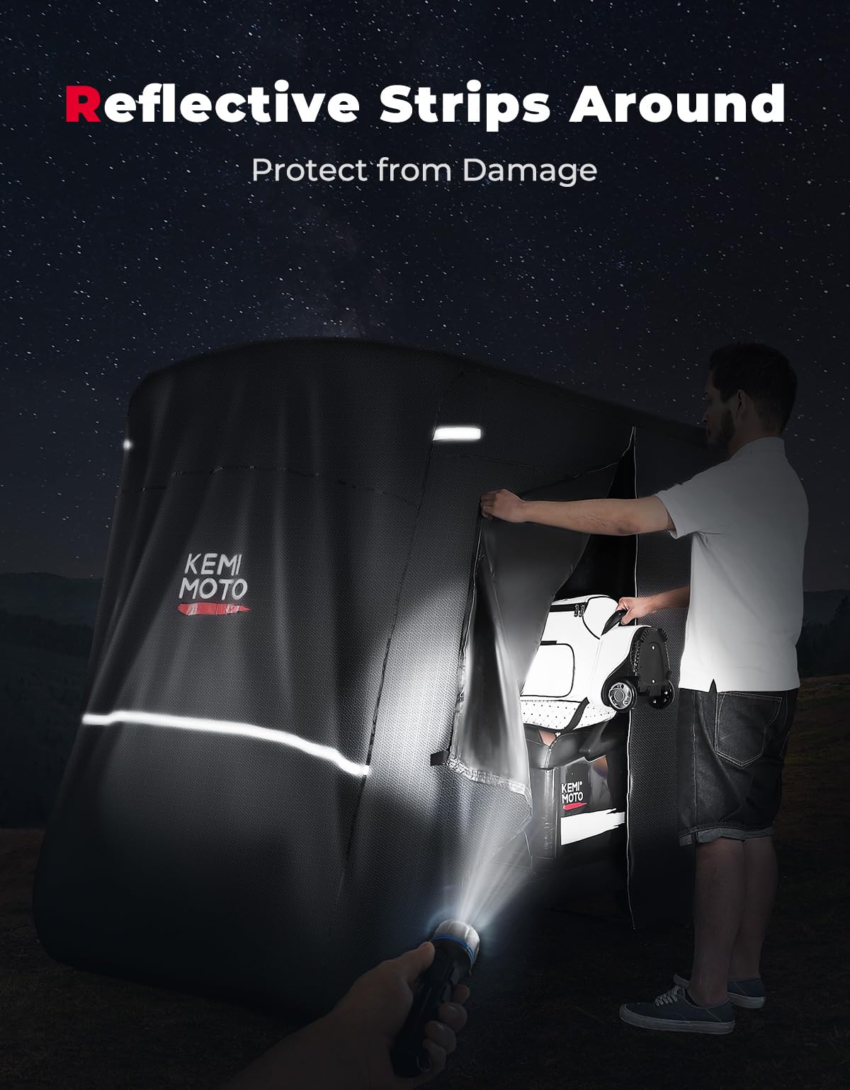 Kemimoto 600D cover folds into included storage bag for easy transport.