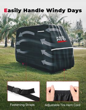 Kemimoto 600D golf cart cover demonstrates universal fit for 2-4 passenger models.