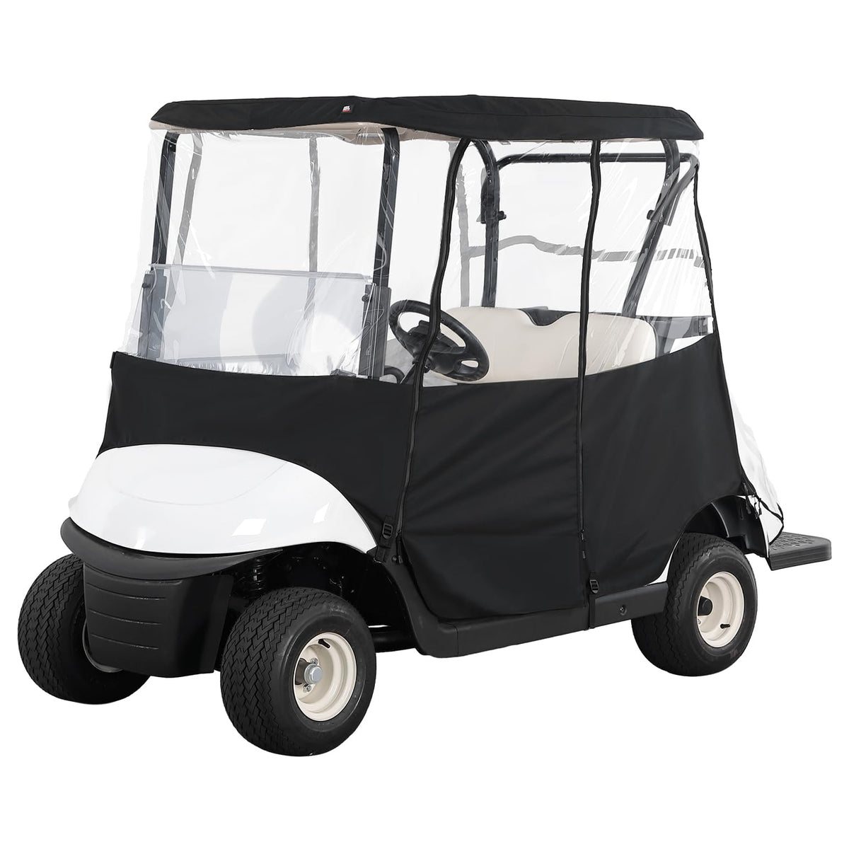 Kemimoto 600D golf cart enclosure shields a 2-passenger cart for all-weather protection.