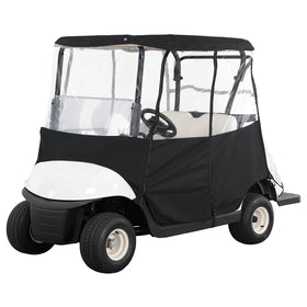 Kemimoto 600D golf cart enclosure shields a 2-passenger cart for all-weather protection.