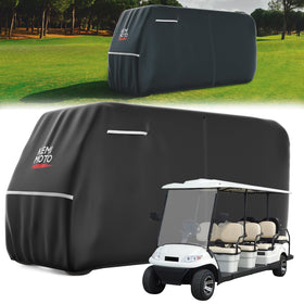 KEMIMOTO 600D waterproof golf cart cover protects an 8-seater from rain and sun.