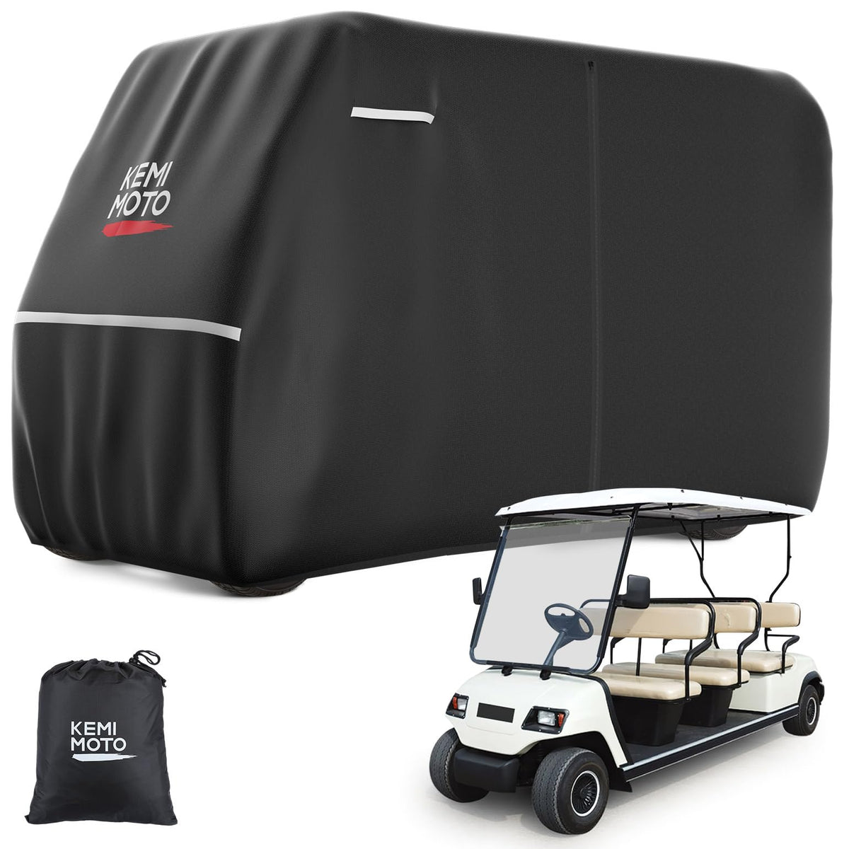 KEMIMOTO 600D waterproof golf cart cover on cart provides rain and sun protection.
