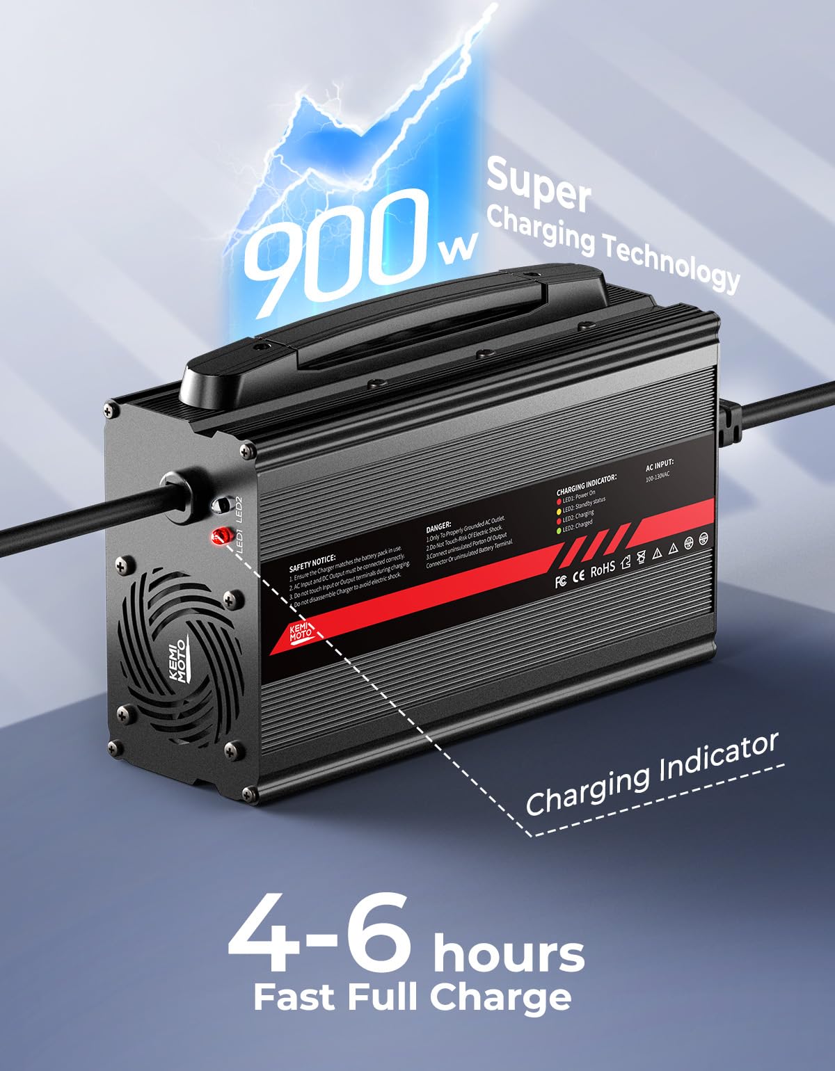 KEMIMOTO aluminum housing with built-in fan delivers quiet operation under 60 dB.