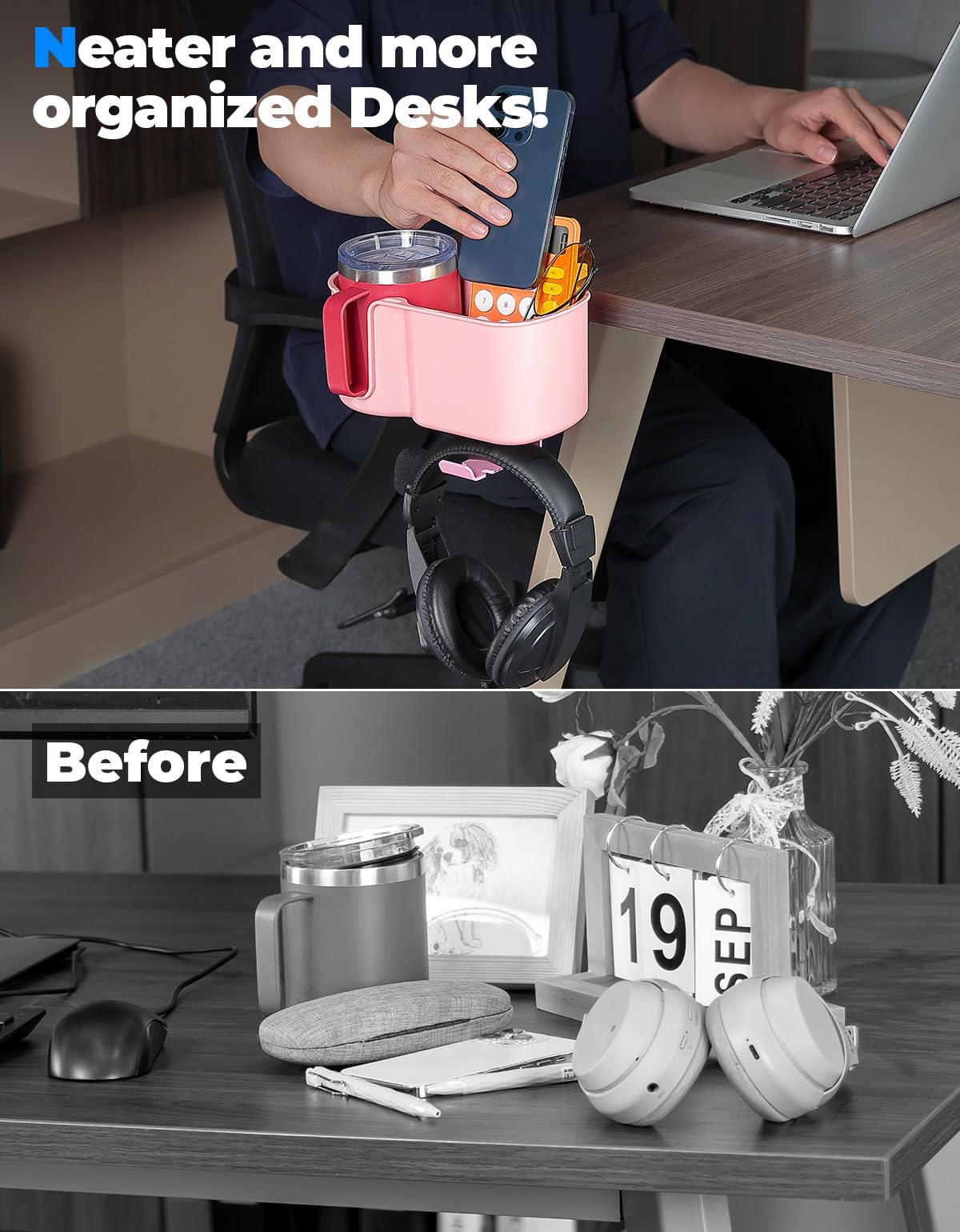KEMIMOTO desk cup holder fits on desk edge for convenient bottle and utensil storage.