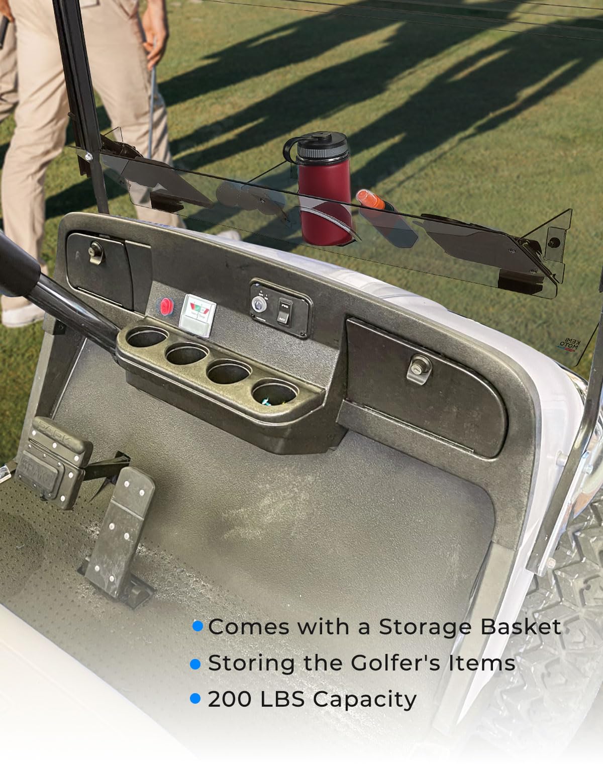 KEMIMOTO EZGO TXT windshield with cup holder keeps bottles secure.