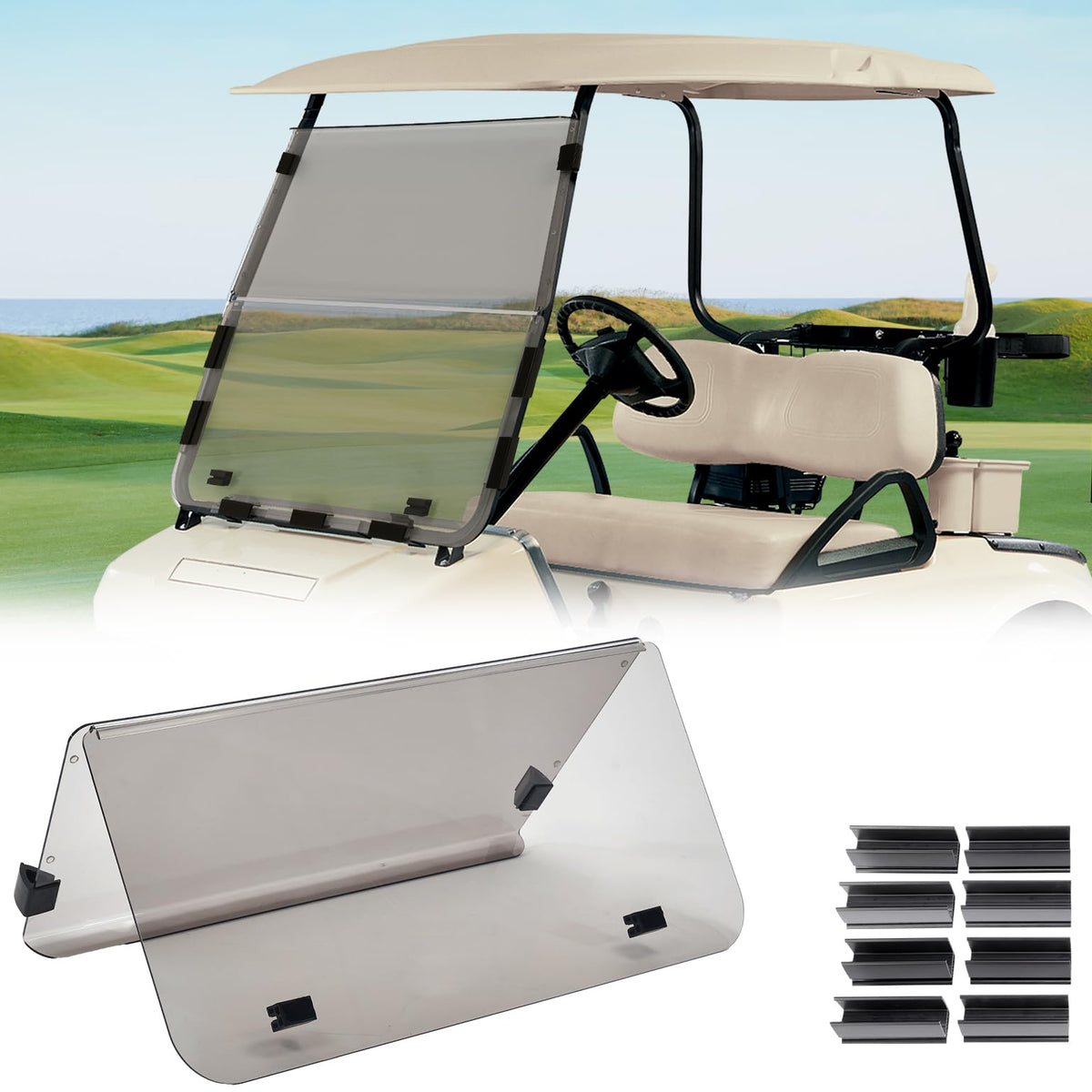 KEMIMOTO foldable windshield for Club Car DS 2000+ offers clear, distortion-free visibility.