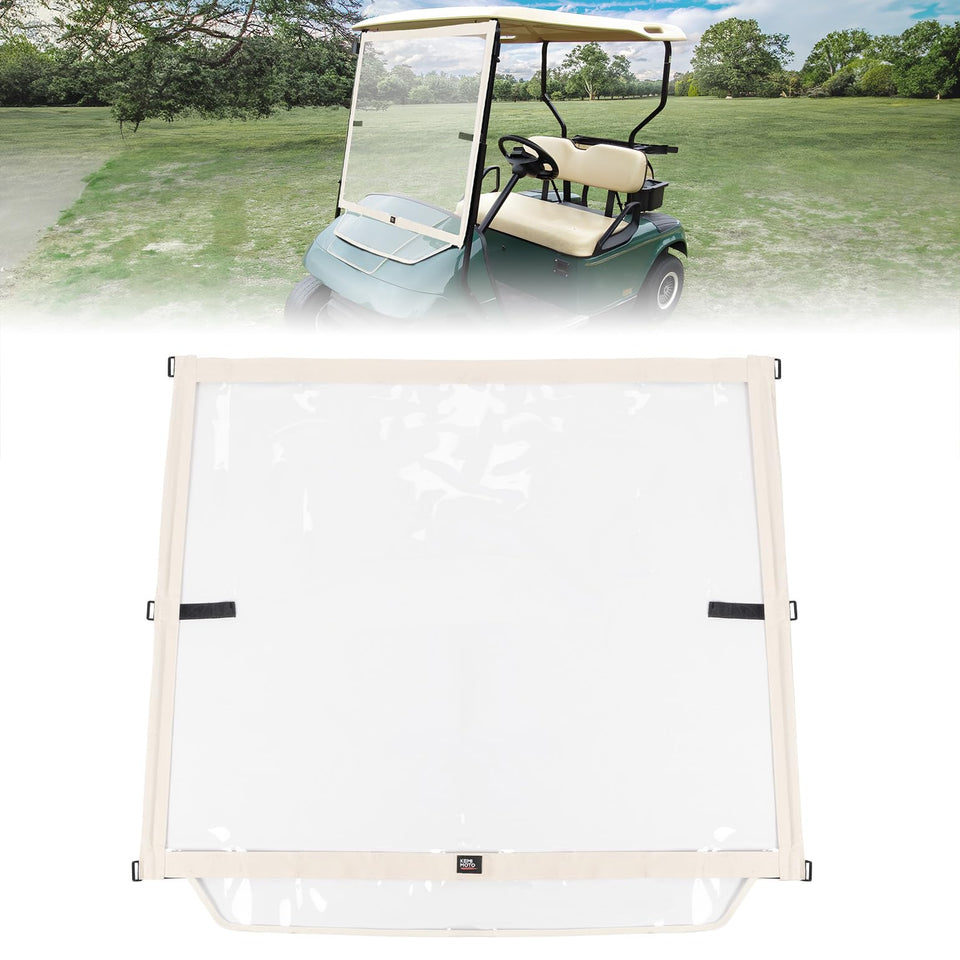 KEMIMOTO foldable windshield on EZGO TXT front view providing rain protection and visibility