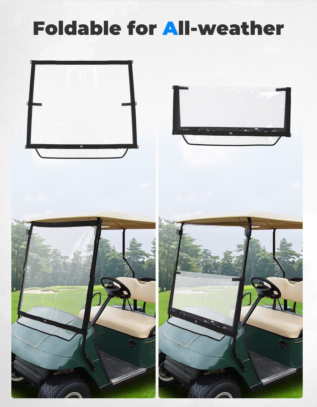 KEMIMOTO foldable windshield on EZGO TXT side view for wind deflection