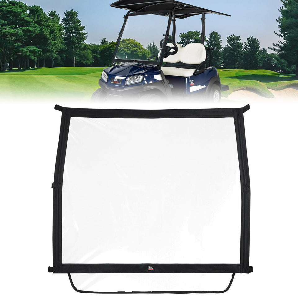 KEMIMOTO foldable windshield front view for Club Car DS showing clear visibility and protection.