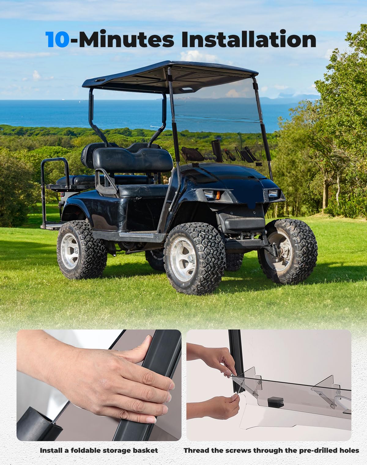 Foldable windshield installs in minutes for flexible use.