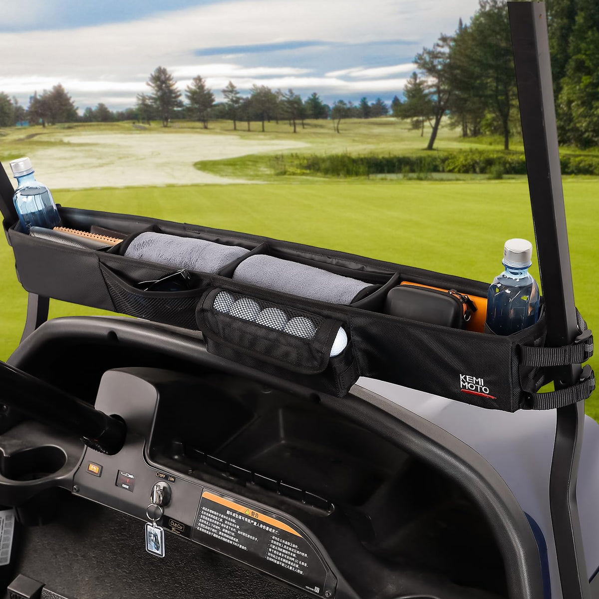 KEMIMOTO front storage basket on a golf cart keeps essentials organized during rides.