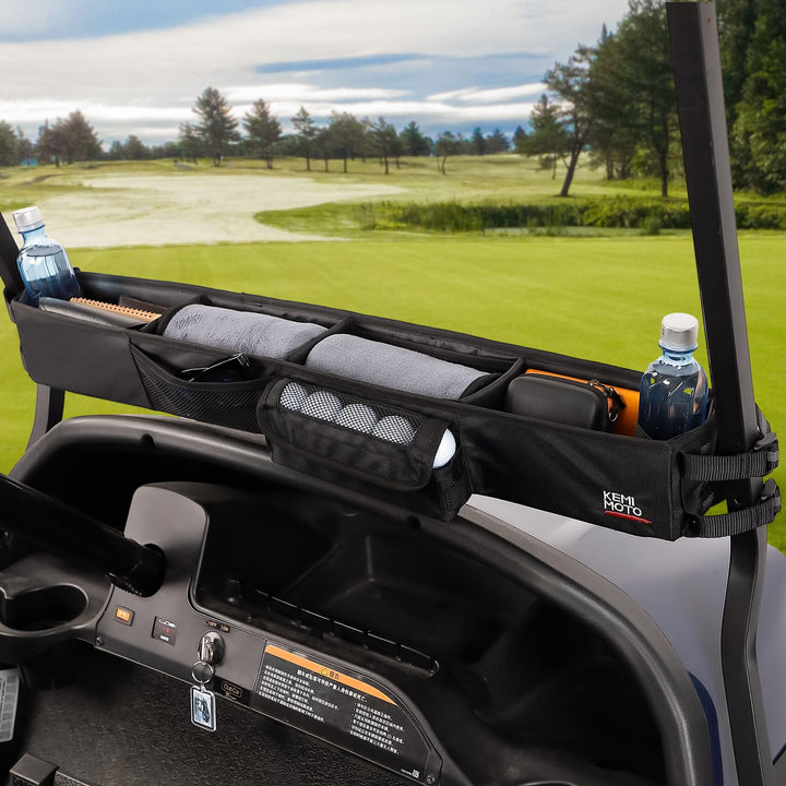 KEMIMOTO front storage basket on a golf cart keeps essentials organized during rides.