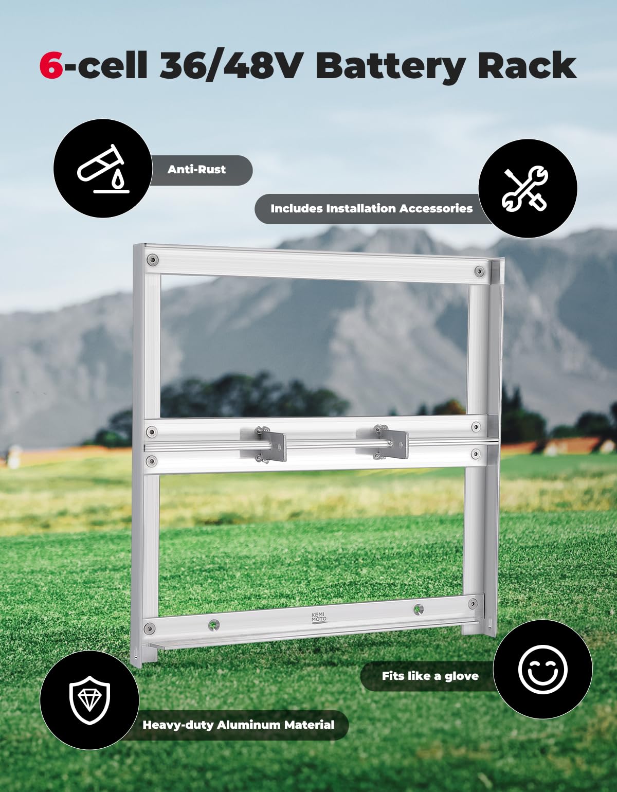 KEMIMOTO tray installed in EZGO cart with securely mounted batteries.