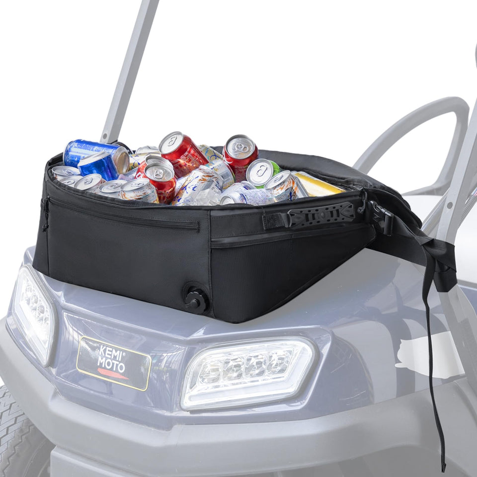 KEMIMOTO golf cart cooler bag mounted on a cart for easy access.
