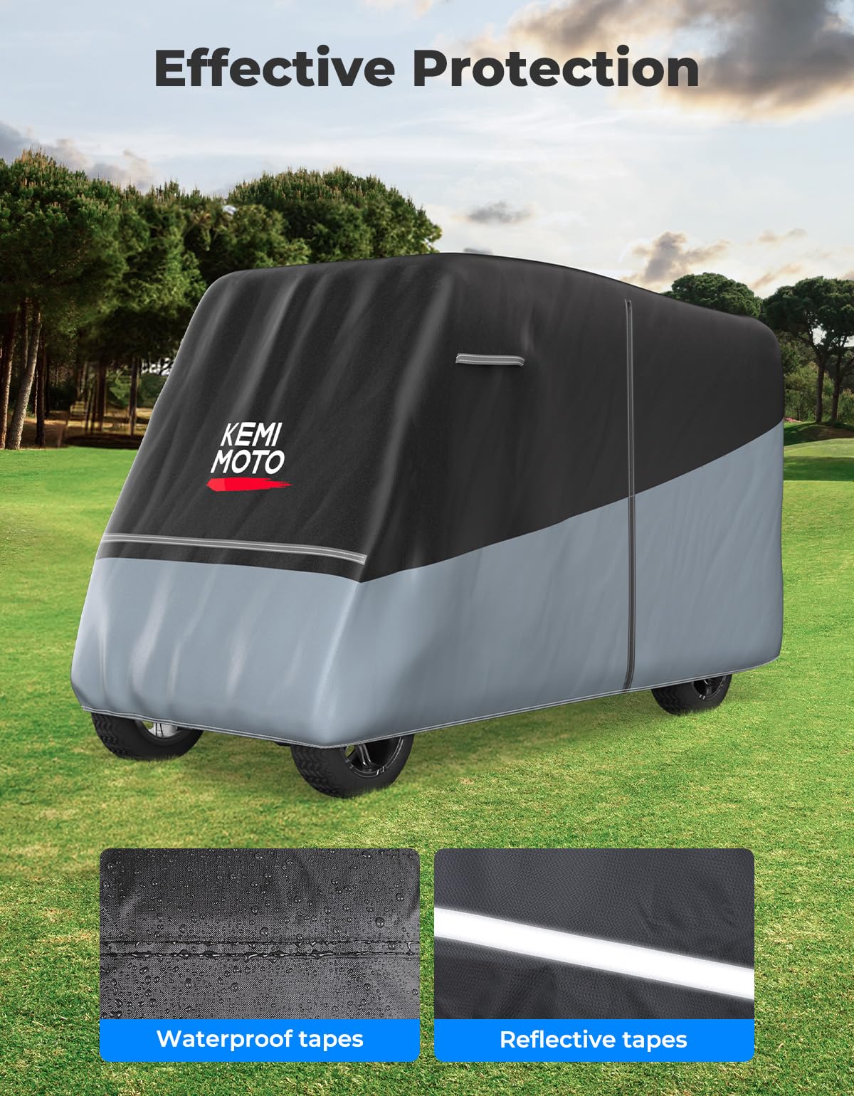 Kemimoto golf cart cover made with durable 600D fabric for outdoor use.
