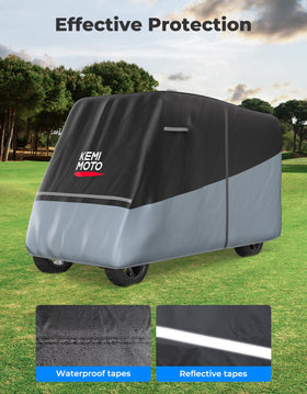 Kemimoto golf cart cover made with durable 600D fabric for outdoor use.
