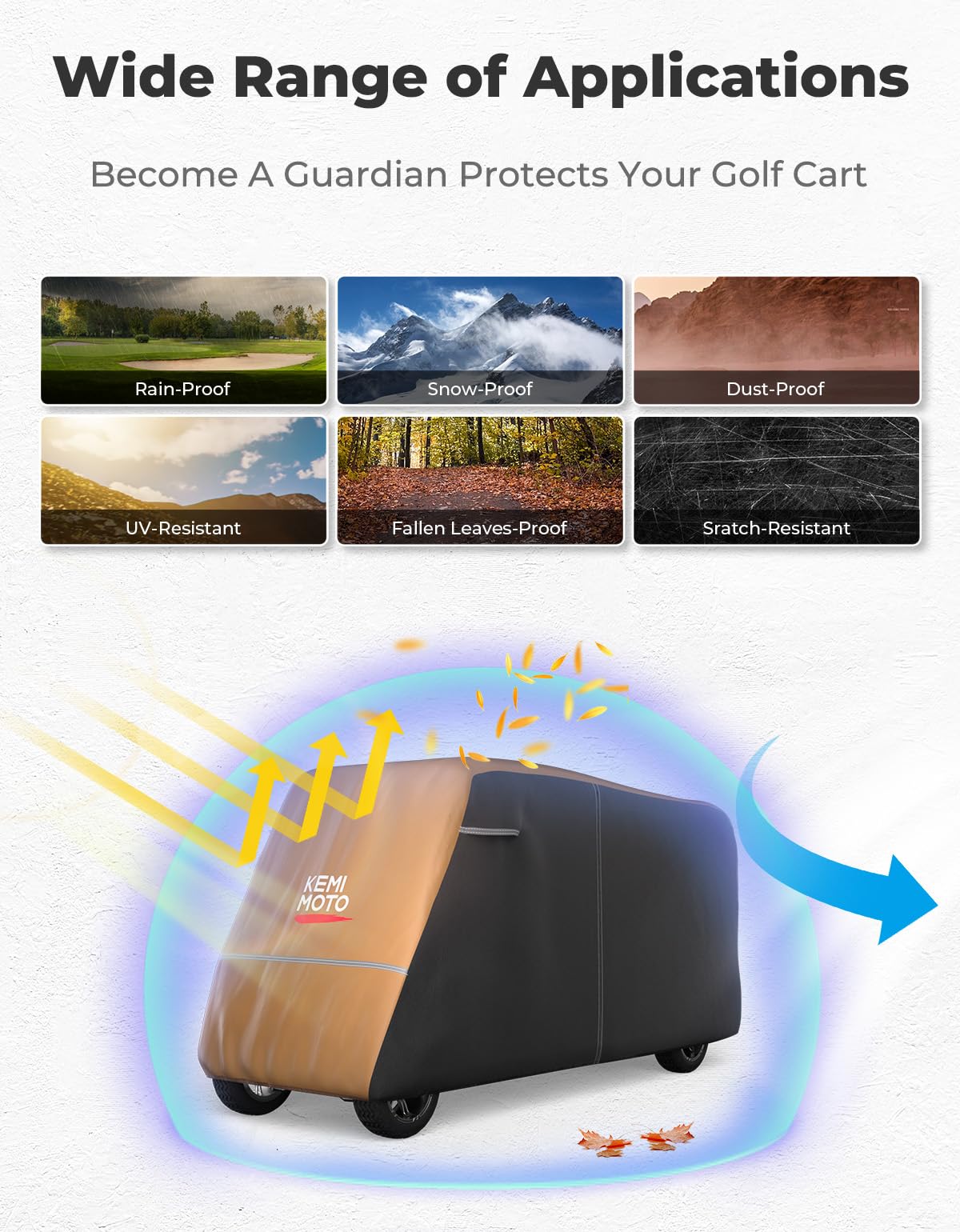 KEMIMOTO brown cover on an eight-passenger cart demonstrates a snug fit against wind.