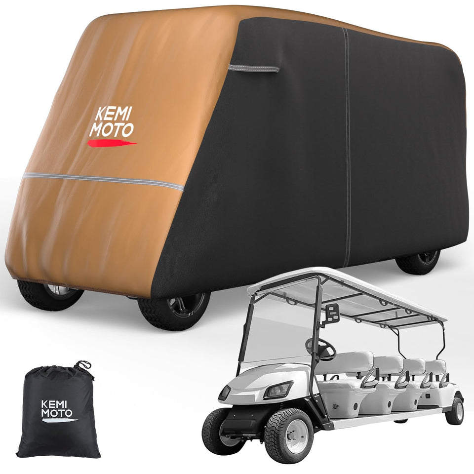 KEMIMOTO 8-seater golf cart cover with storage bag protects EZGO and Club Car from rain and dust.