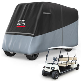 Kemimoto golf cart cover front view shows a tight 6-seat fit protecting against rain.