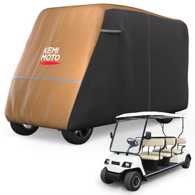 KEMIMOTO golf cart cover on a six-seater cart, protecting from rain and dust.