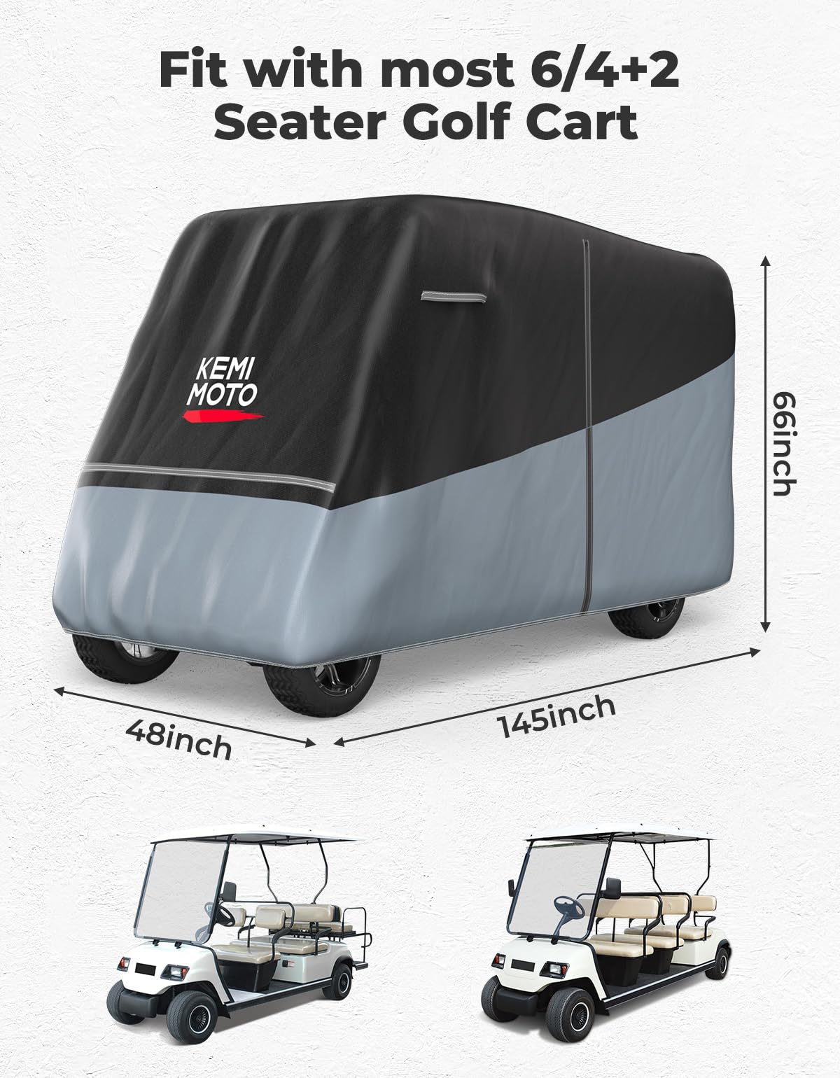Kemimoto golf cart cover side view with straps keeping it secure in wind.