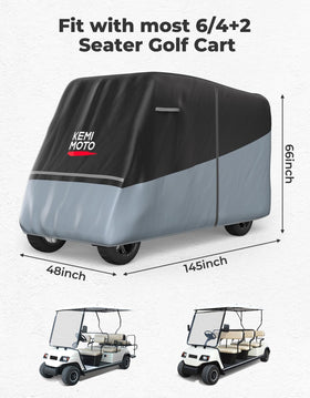 Kemimoto golf cart cover side view with straps keeping it secure in wind.