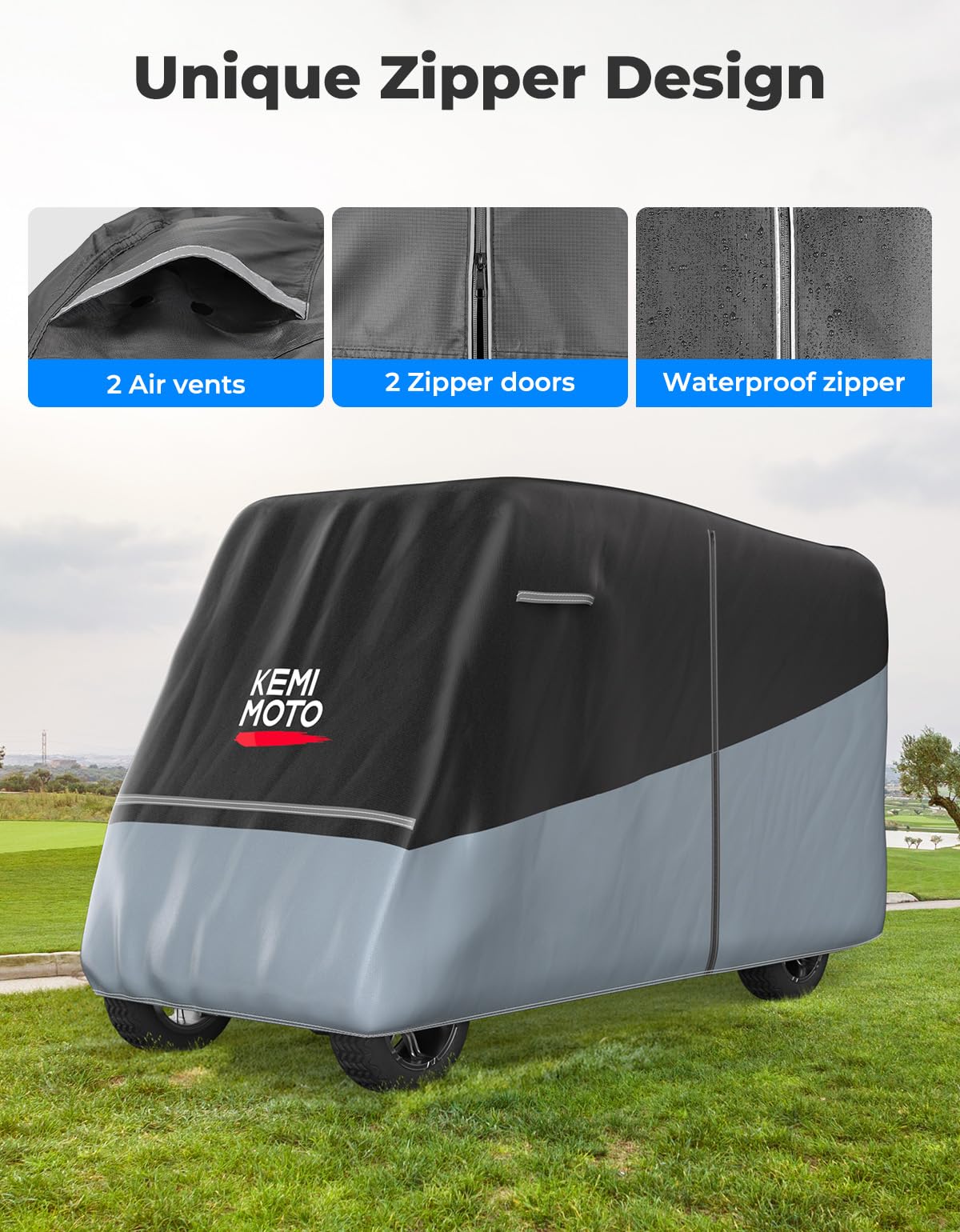 Kemimoto golf cart cover with dual vents for airflow and heat relief.