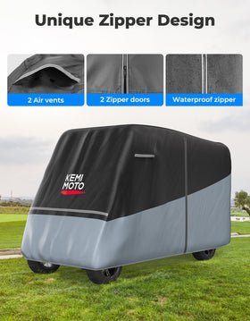 Kemimoto golf cart cover with dual vents for airflow and heat relief.