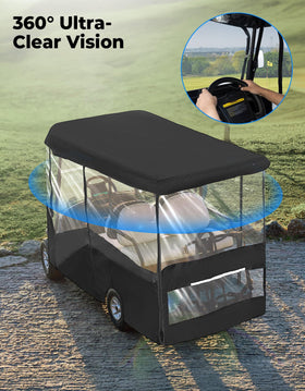 KEMIMOTO enclosure shows waterproof 600D fabric protecting a cart in rain and snow