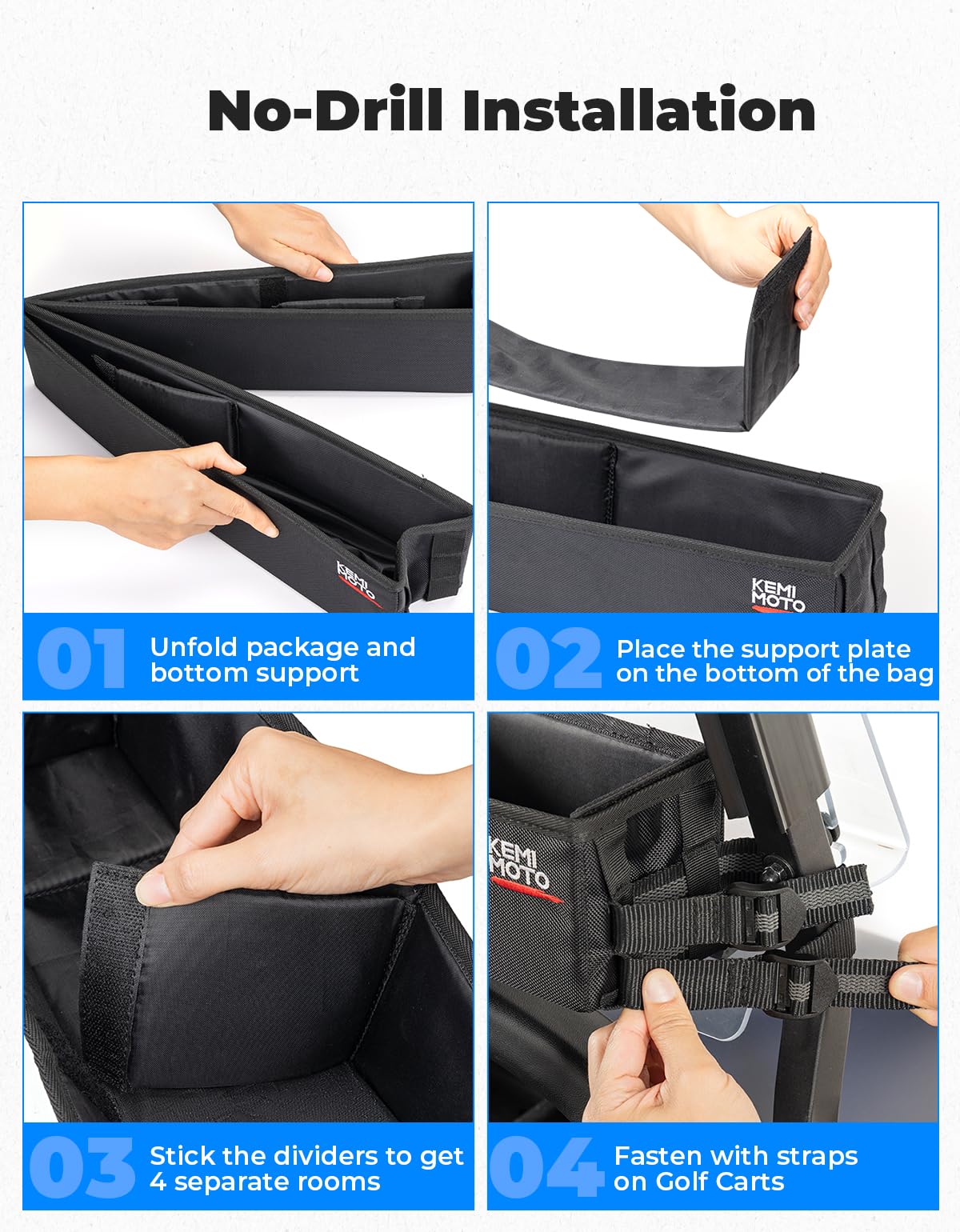 KEMIMOTO golf cart front organizer with no-drill install saves time.
