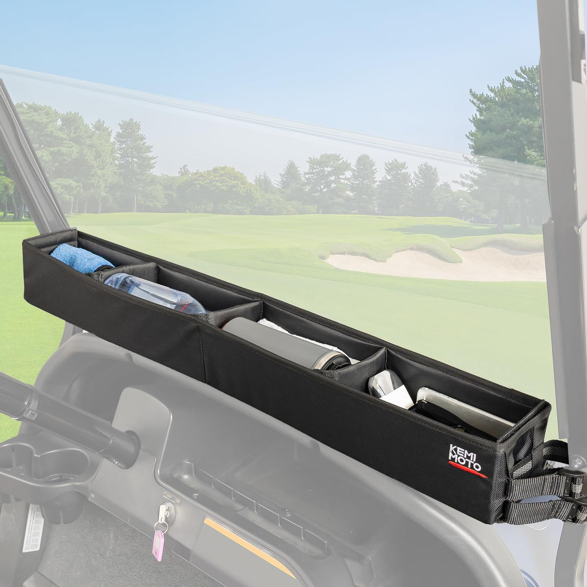 KEMIMOTO golf cart inner front storage basket folds flat for easy transport.