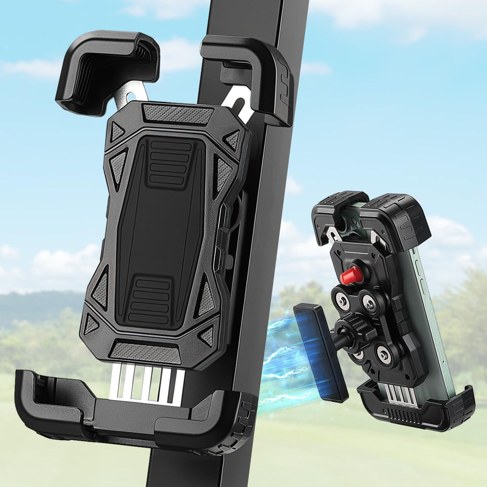 KEMIMOTO golf cart phone holder showing magnetic attachment on metal surface for secure grip.