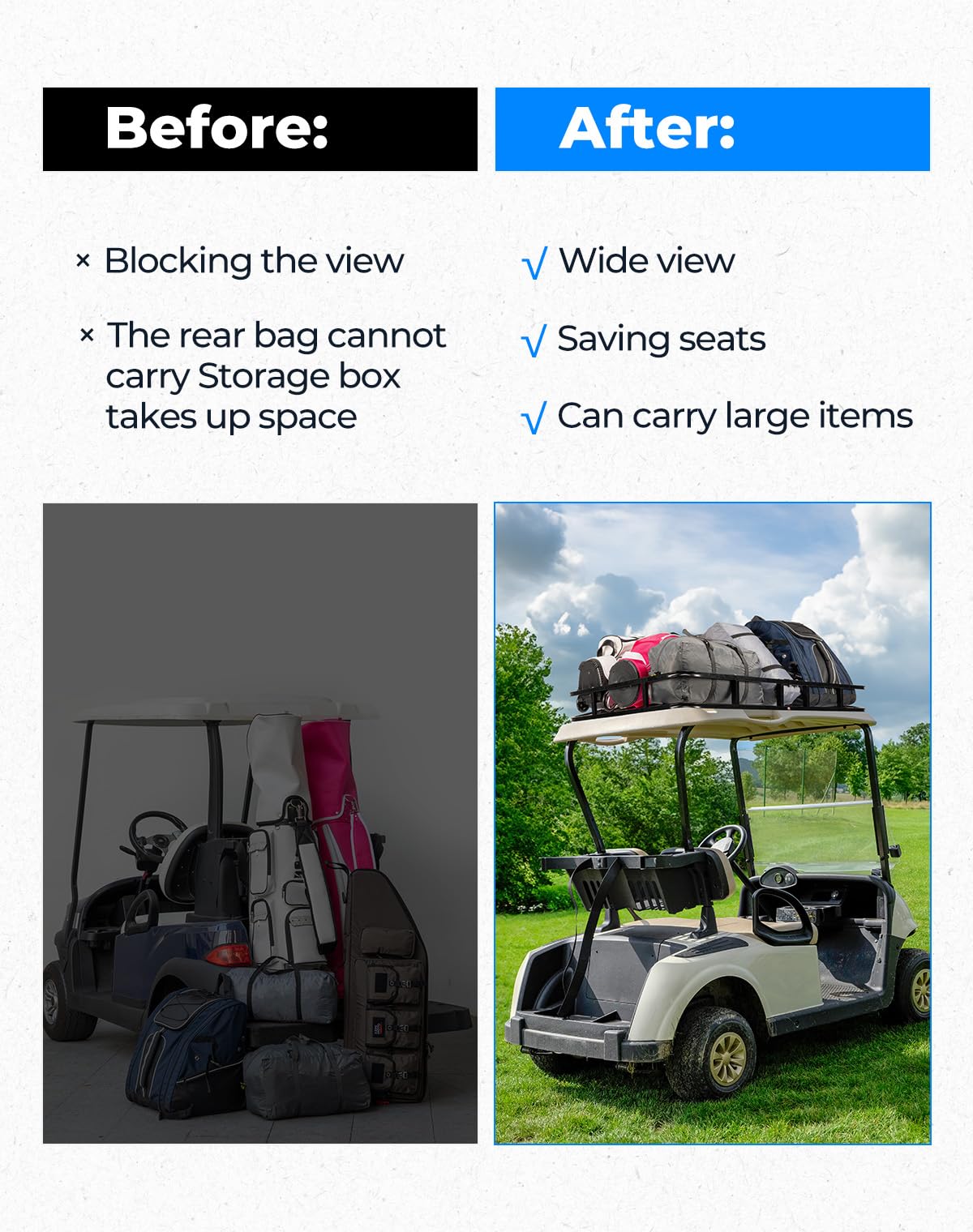 Luggage and gear loaded on KEMIMOTO roof rack for EZGO TXT