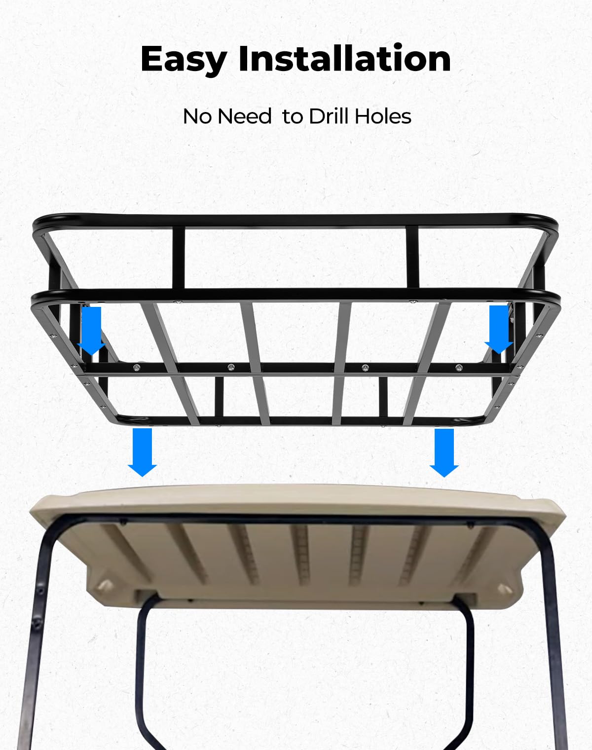 Outdoor-ready KEMIMOTO roof rack mounted on golf cart for travel