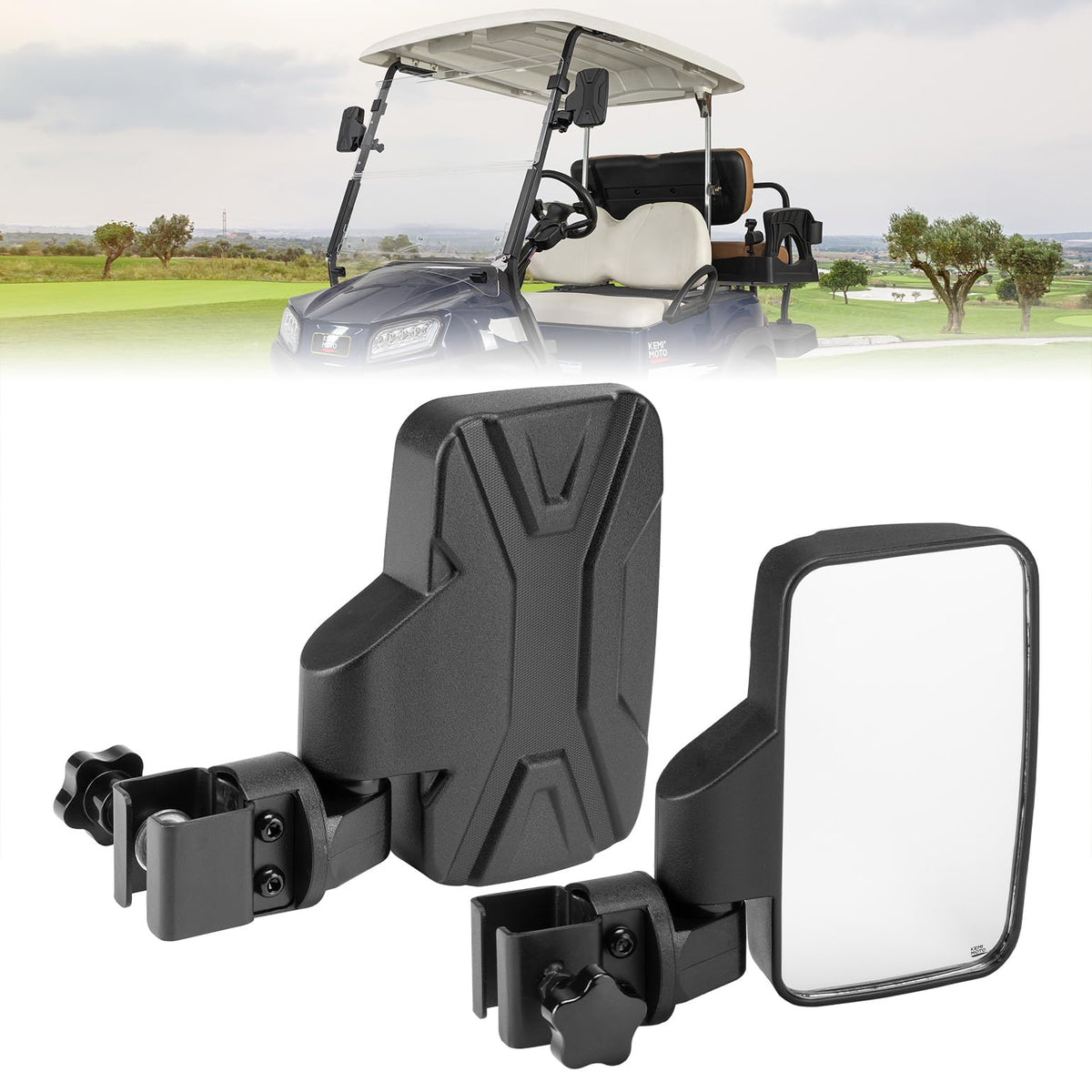 KEMIMOTO golf cart side mirror assembly with quick, no-drill install.