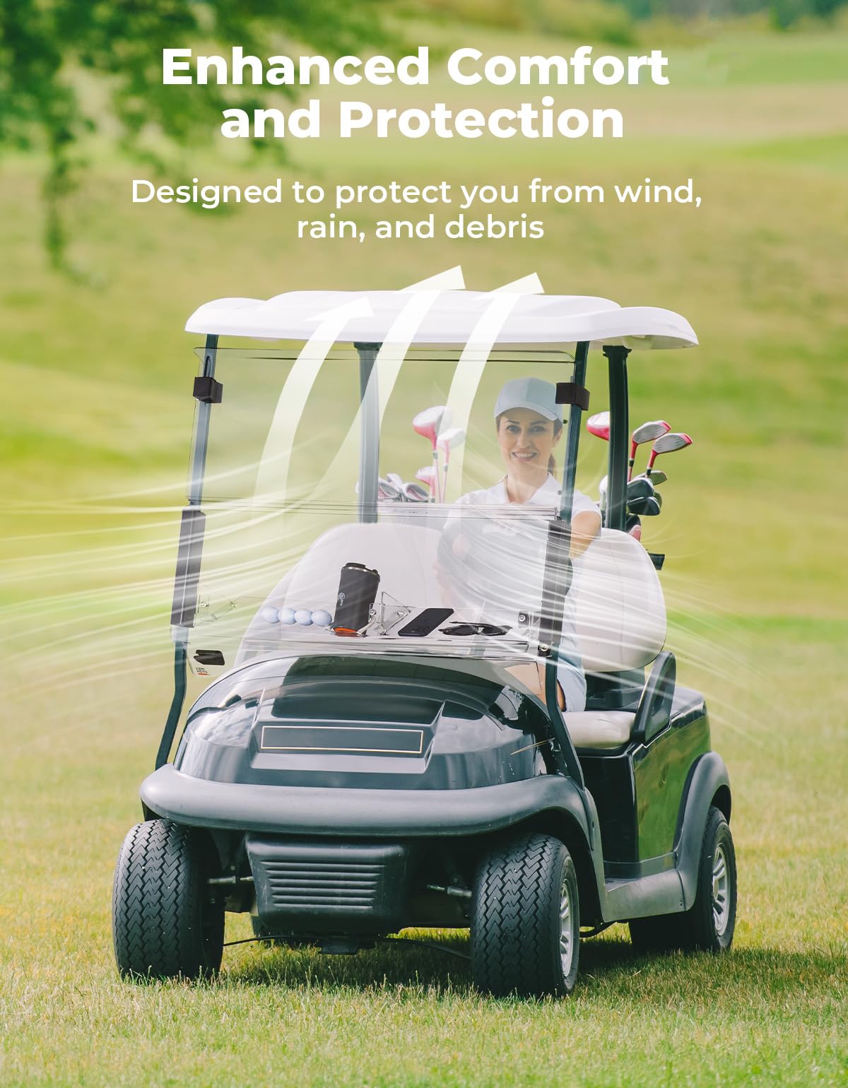 KEMIMOTO foldable frame on golf cart windshield highlights easy setup