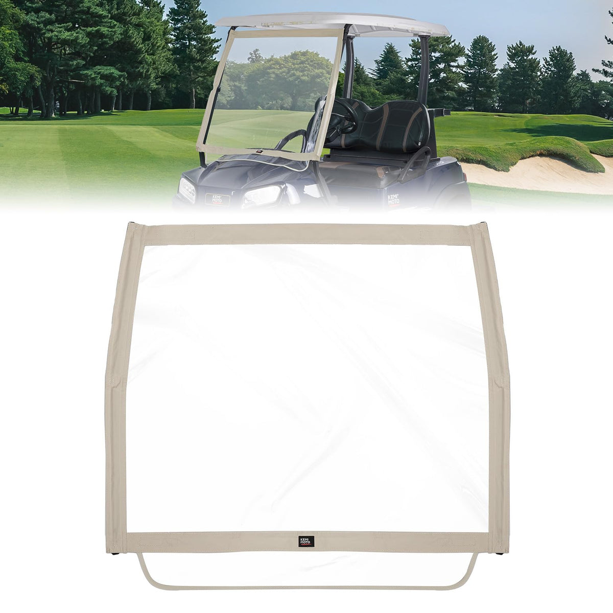 Kemimoto golf cart windshield front view, beige, protects from wind and rain