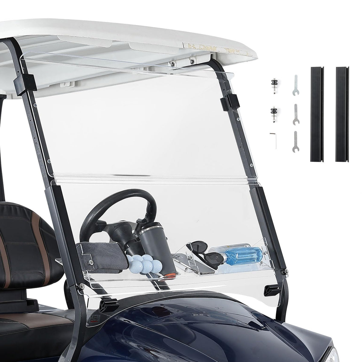 KEMIMOTO golf cart windshield with storage basket front view keeps essentials within reach