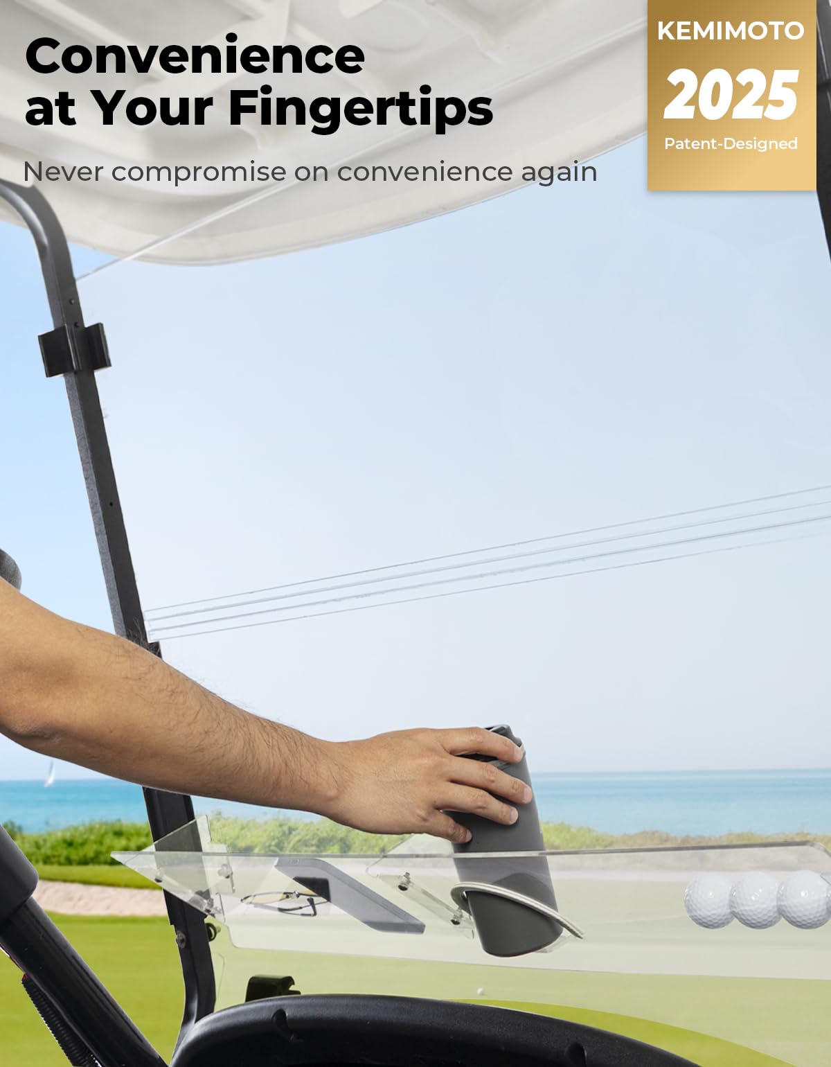 KEMIMOTO golf cart windshield storage basket side view demonstrates quick-access design for gear