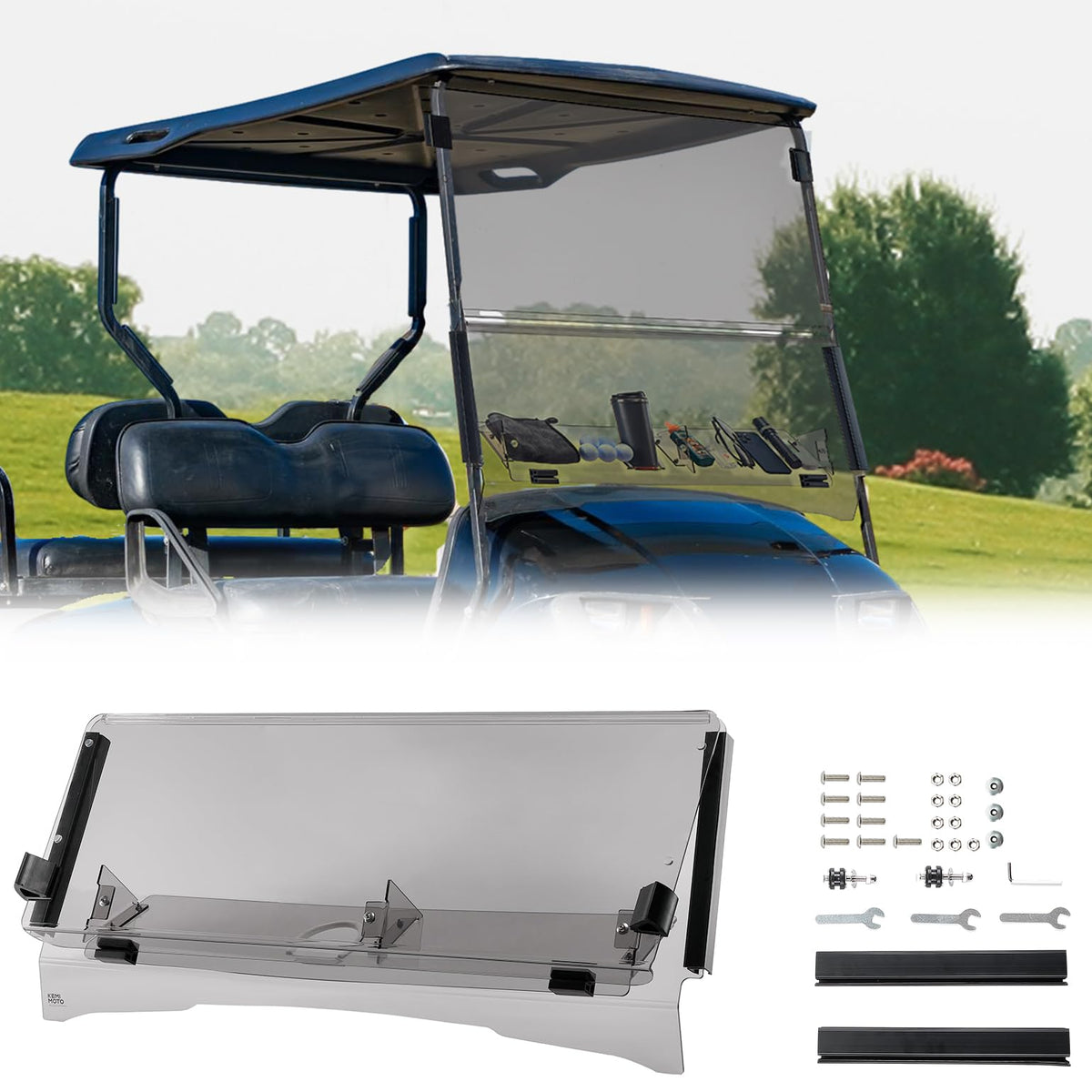 KEMIMOTO windshield with storage basket for EZGO TXT improves on-the-go storage.