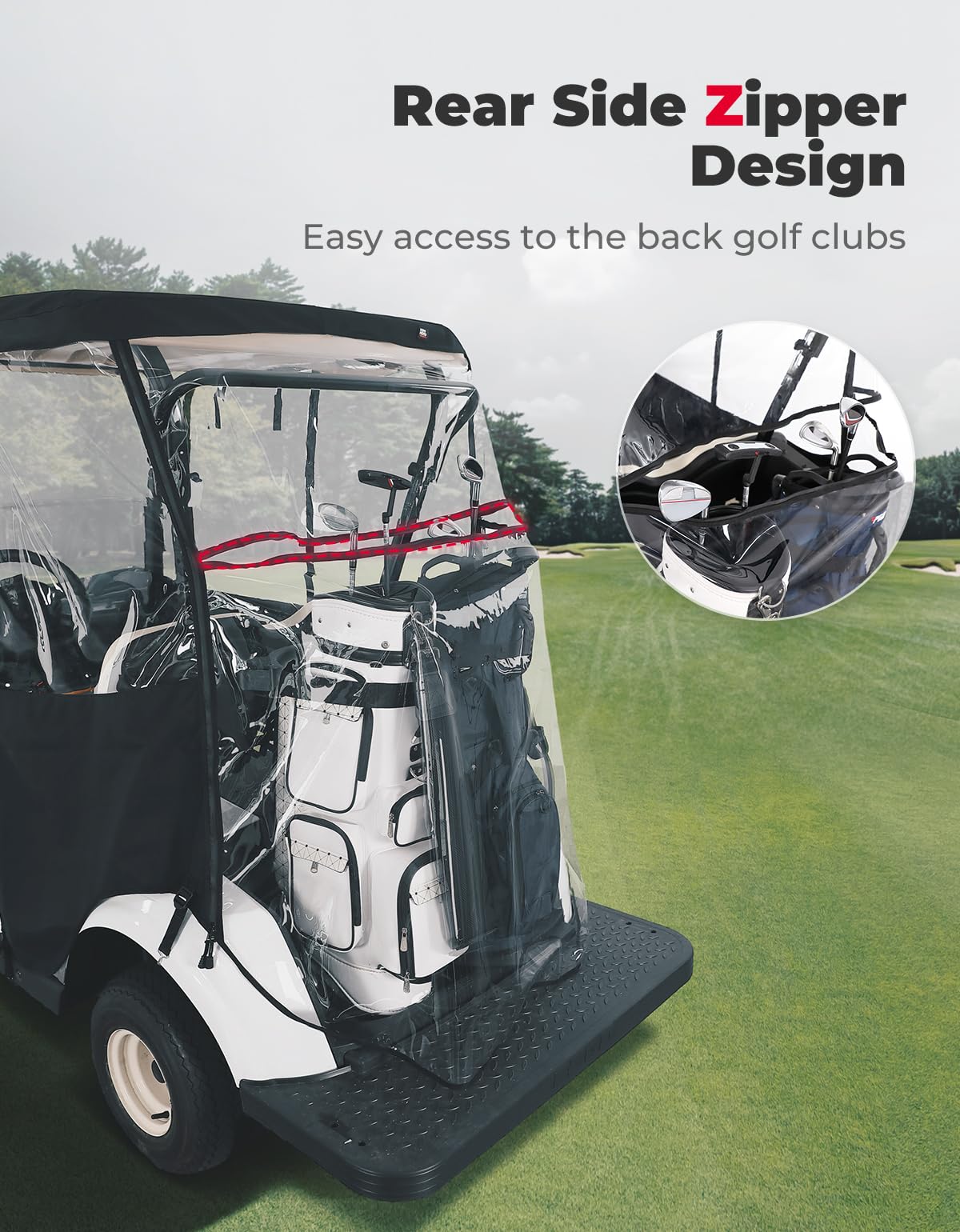 Kemimoto rear zipper access for quick golf bag and club access.