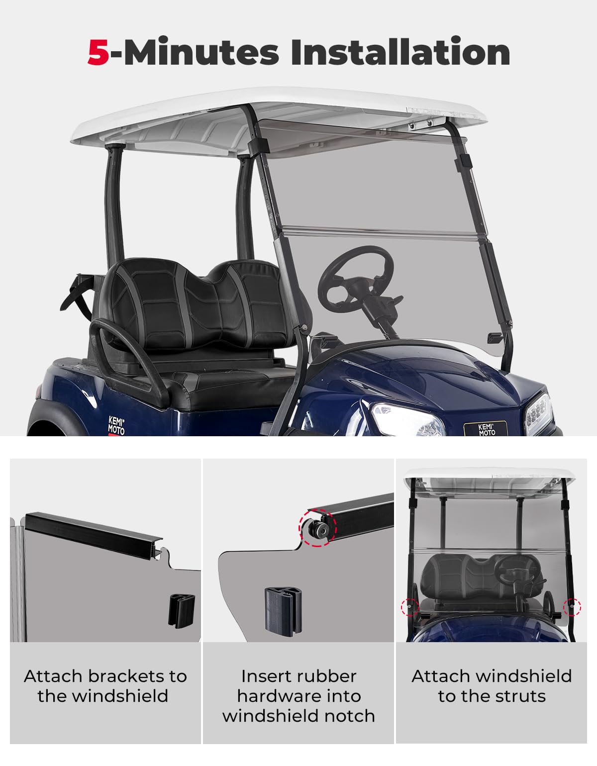 KEMIMOTO edge-contour fit windshield aligning with Club Car Precedent bars.