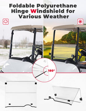 Folded windshield ready for ventilation on EZGO RXV cart.