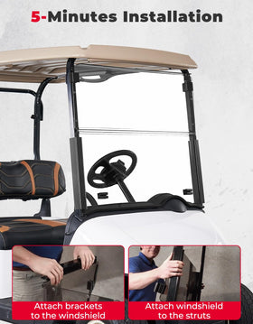 Tinted KEMIMOTO windshield provides UV protection and comfort on EZGO RXV.