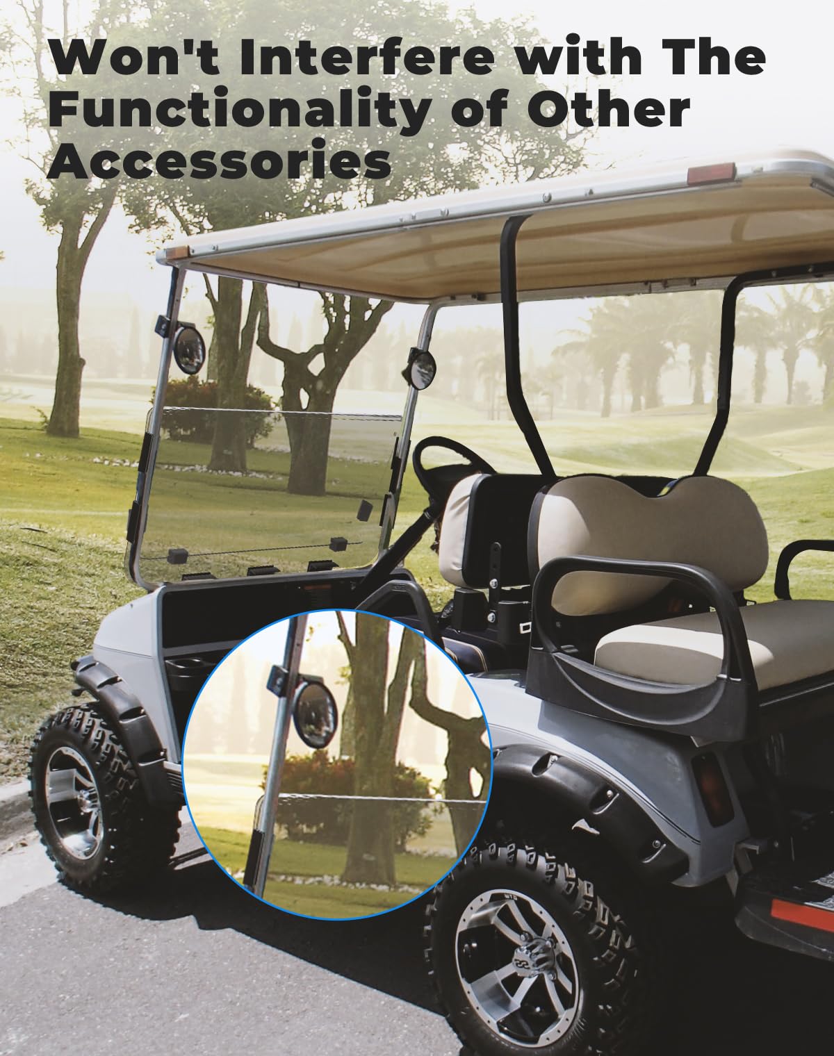 KEMIMOTO windshield enhances on-course comfort with seamless frame integration.